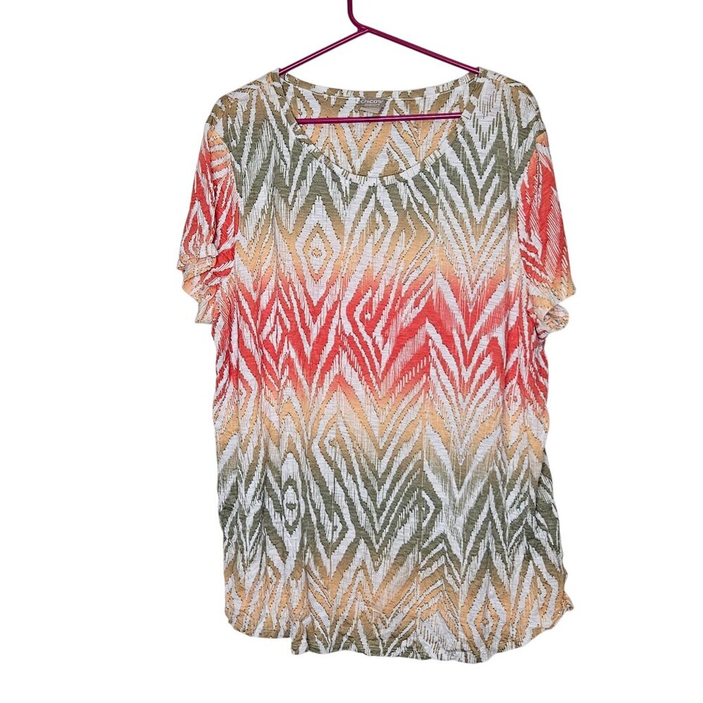 Chicos Zenergy Top Size 3 (XL) Ikat Print Short Sleeve Lightweight‎